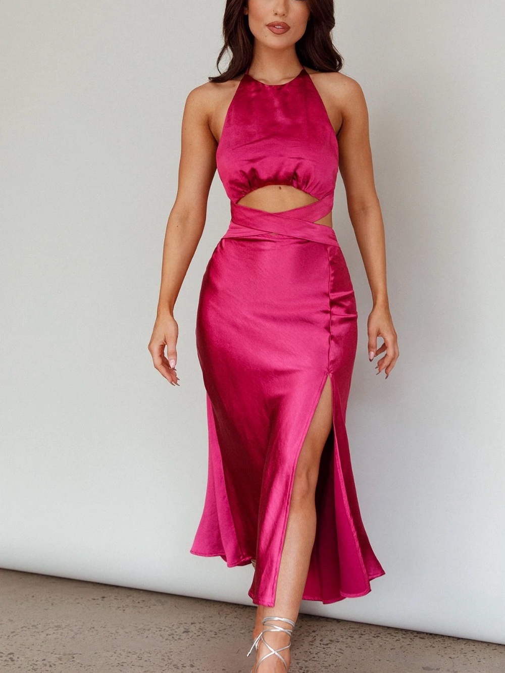 Selfie Leslie Satin Magenta Halter Cutout Midi Dress